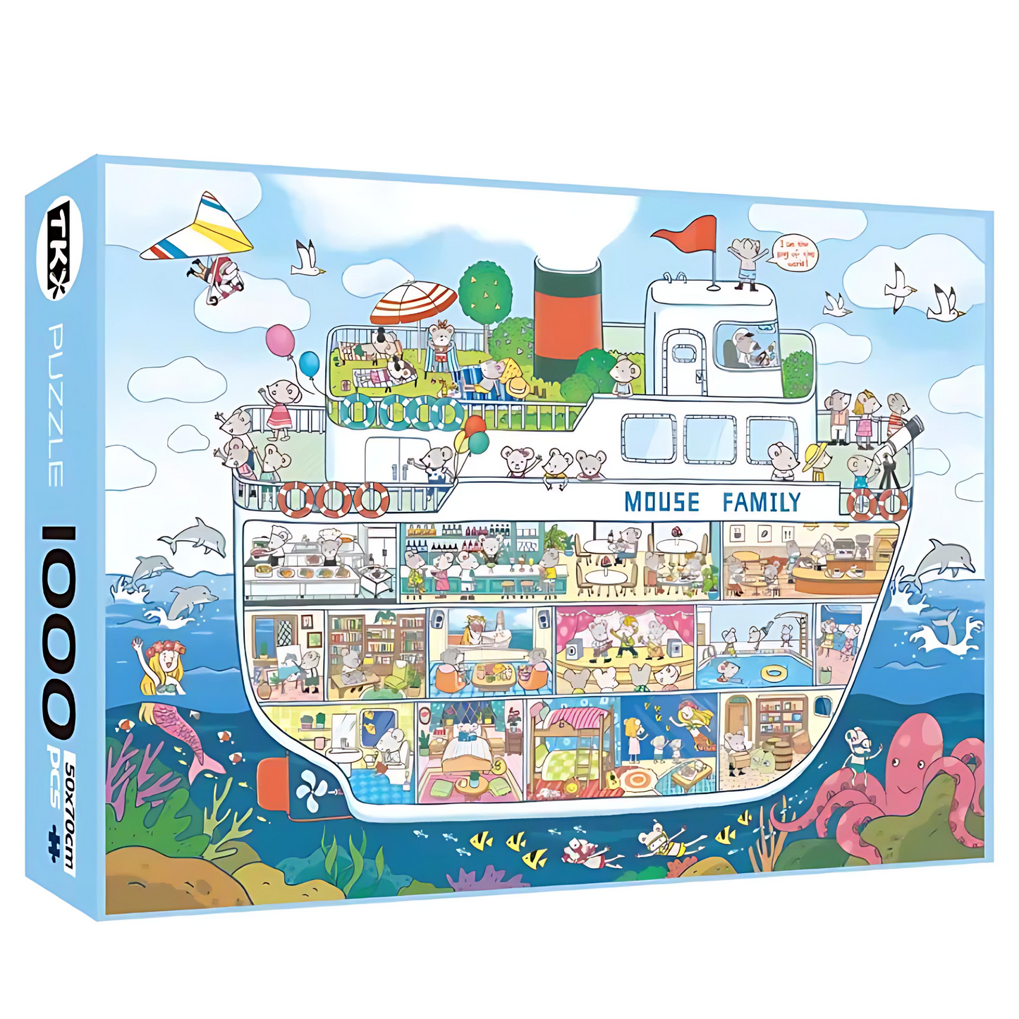 TKX Mouse Family Ocean Cruise Ship puzzle box showing a fun 1000-piece design of a cross-sectioned cruise ship with playful mice