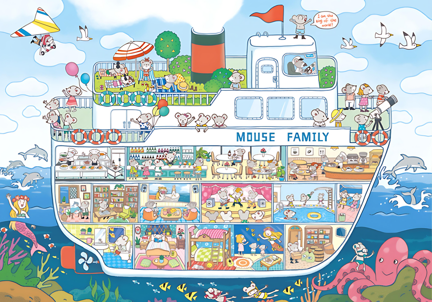 Colorful illustration of the Mouse Family cruise ship filled with mice enjoying various activities, surrounded by dolphins and sea creatures