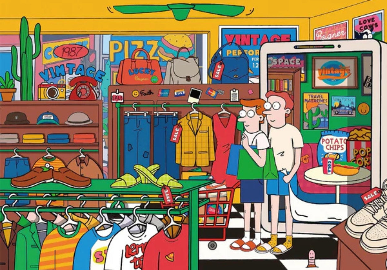 The full artwork of the puzzle showing the indoor shopping scene in vibrant colors. The room is lively with items for sale, including clothes, shoes, bags, and snacks. Two shoppers stand in the middle, holding bags and examining a red dress on a rack. A black cat is seen walking through the scene, adding a playful touch.