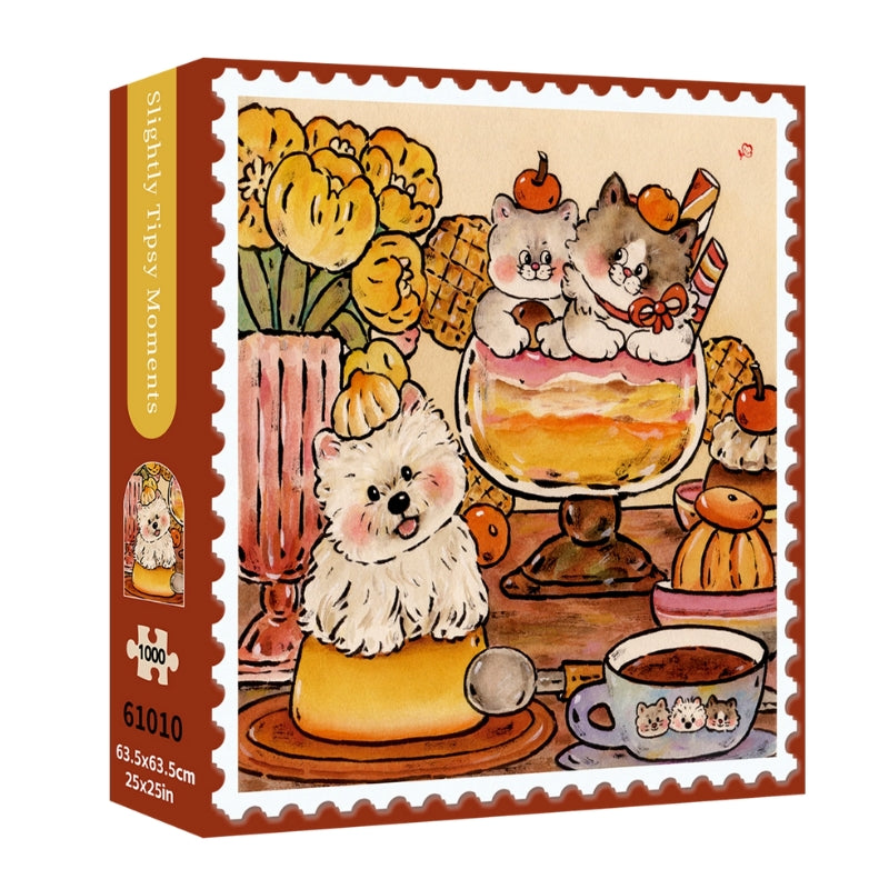 Puzzle box for Slightly Tipsy Moments showing the artwork of cute animals enjoying desserts and flowers in a cozy setting.
