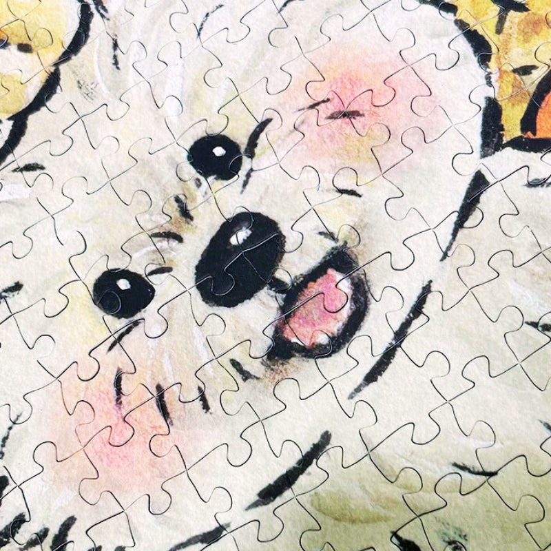 Close-up of the fluffy dog’s face from the Slightly Tipsy Moments puzzle showing the soft pastel tones and intricate brushwork.