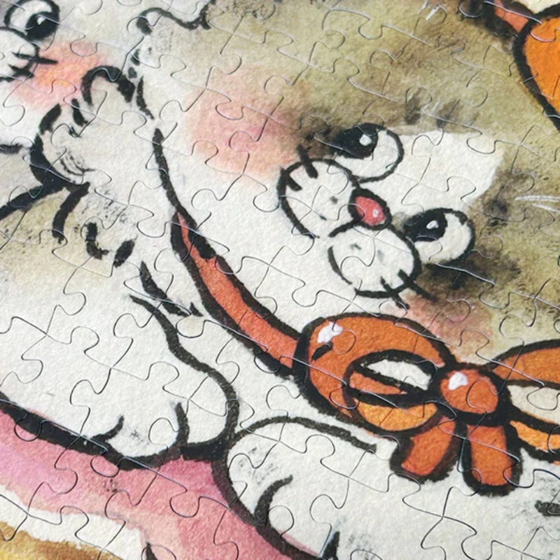 Close-up of puzzle pieces showing the faces of cute animals with soft pastel colors and delicate outlines.