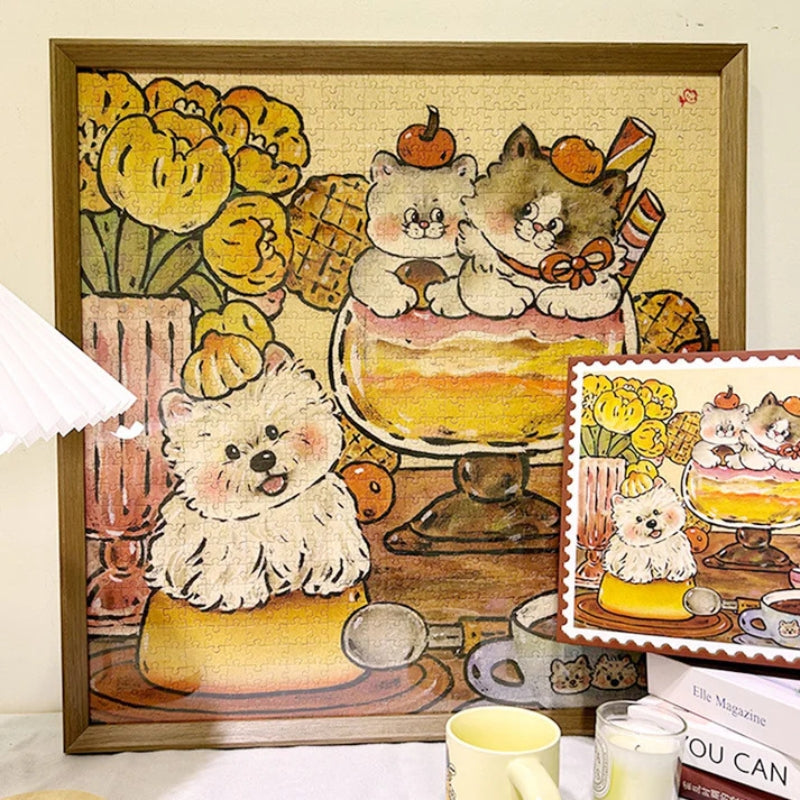 Completed Slightly Tipsy Moments puzzle framed on a wall, featuring adorable animals, desserts, and flowers in a warm vintage style.