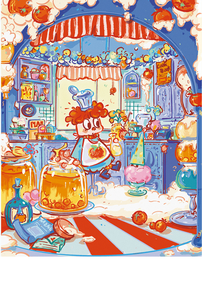 Colorful kitchen scene with a cartoon chef, oversized cream jars, and playful dessert chaos titled Creamsplosion
