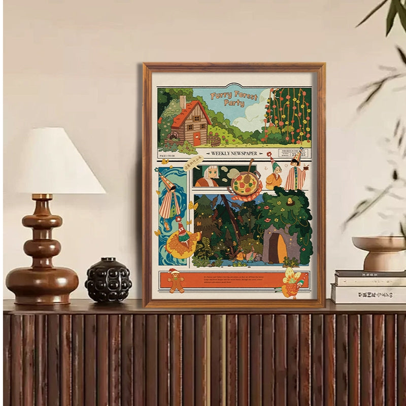Framed Forest Party puzzle displayed on a wooden cabinet with lamp and decor in cozy interior