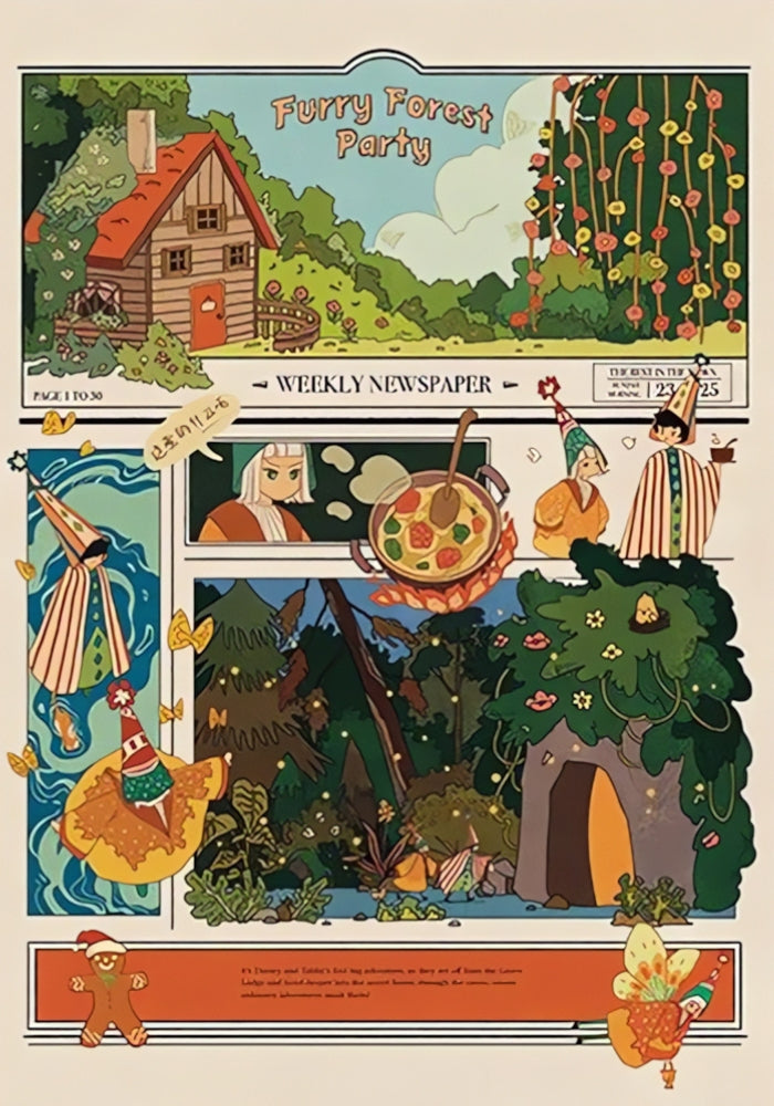 Whimsical newspaper-style puzzle artwork showing forest scenes, party characters, and a gingerbread man