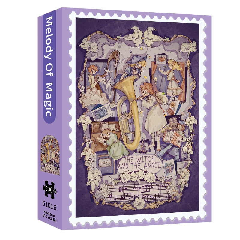 TKX Melody of Magic 500-piece puzzle box with purple fantasy art and title ‘The Witch and the Angel’