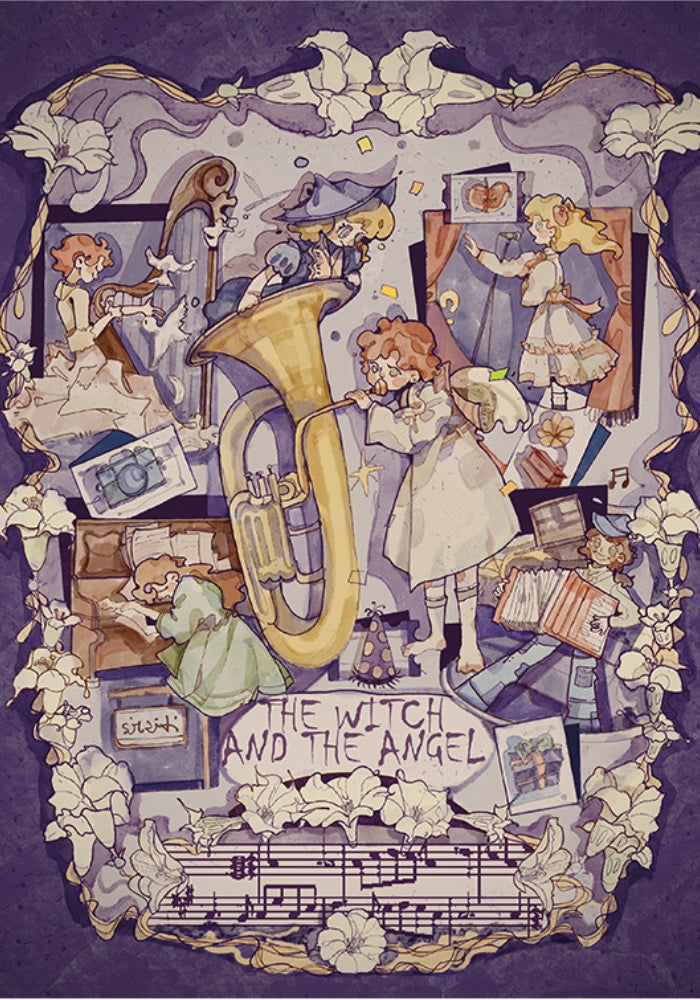 Fantasy-themed artwork titled ‘The Witch and the Angel’ featuring a witch, angel, musical instruments, and floral border