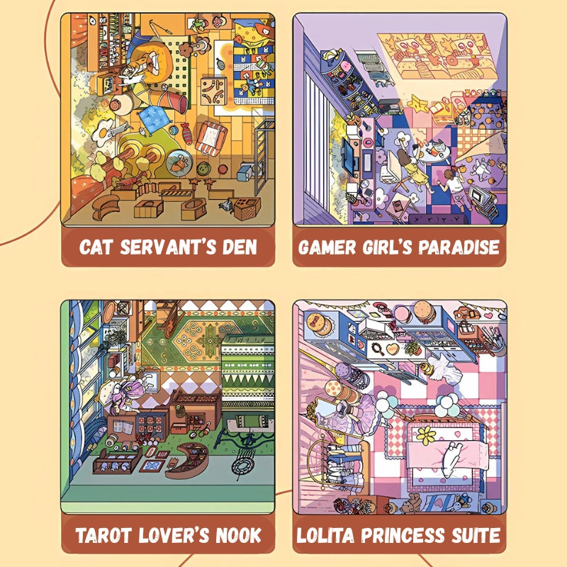 Close-up preview showing room themes including Cat Servant’s Den and Gamer Girl’s Paradise.