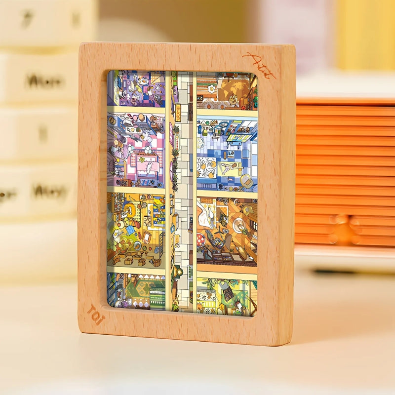 Mini puzzle display of Dreamhouse Utopia on a wooden stand.