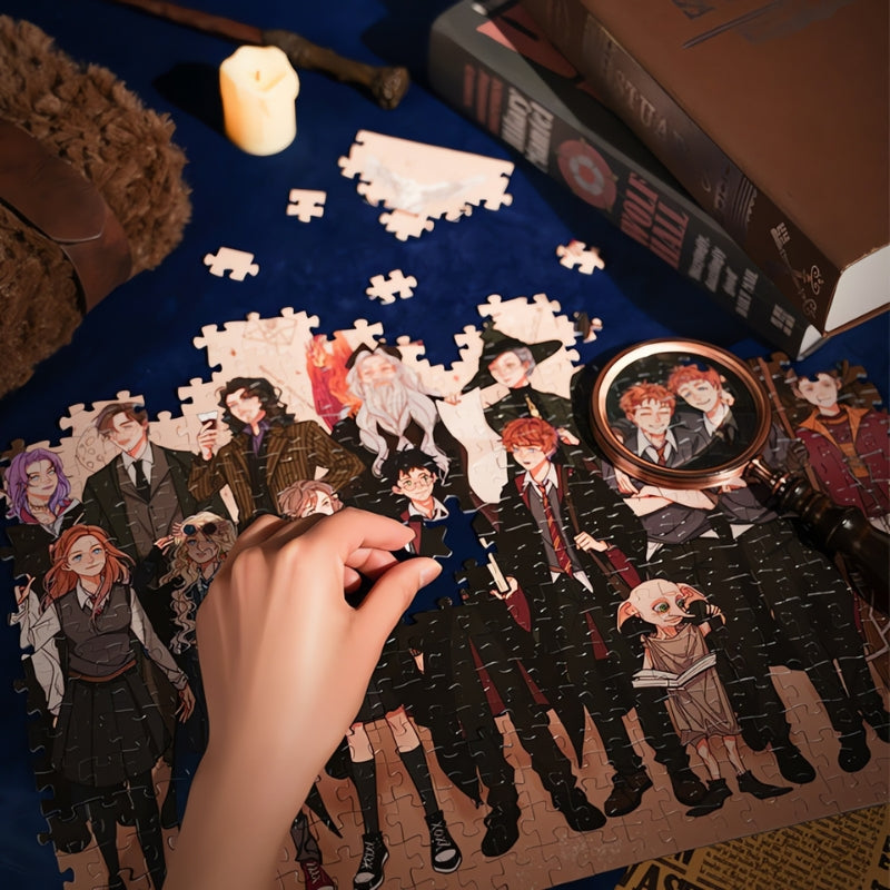 Hand placing a piece in the Harry Potter - Character Collection puzzle featuring the main characters.