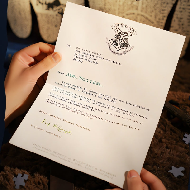 Replica Hogwarts acceptance letter included with the Marauder’s Map puzzle set, addressed to Mr. Potter.
