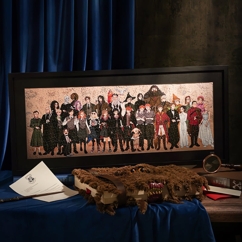 Completed Harry Potter - Character Collect puzzle framed and displayed on a wooden table.
