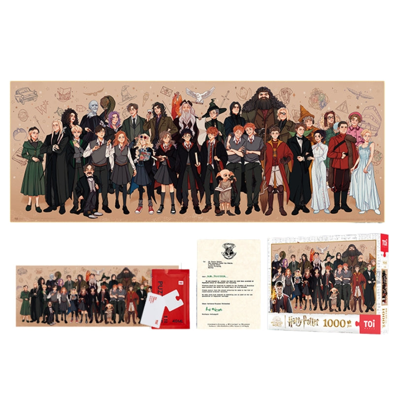 Flat lay of full Harry Potter - Character Collect puzzle set with box, completed puzzle, glue, scraper, and Hogwarts letter.