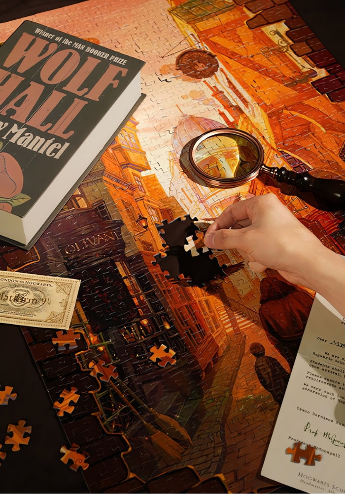 and placing a piece in the Harry Potter-Diagon Alley puzzle.