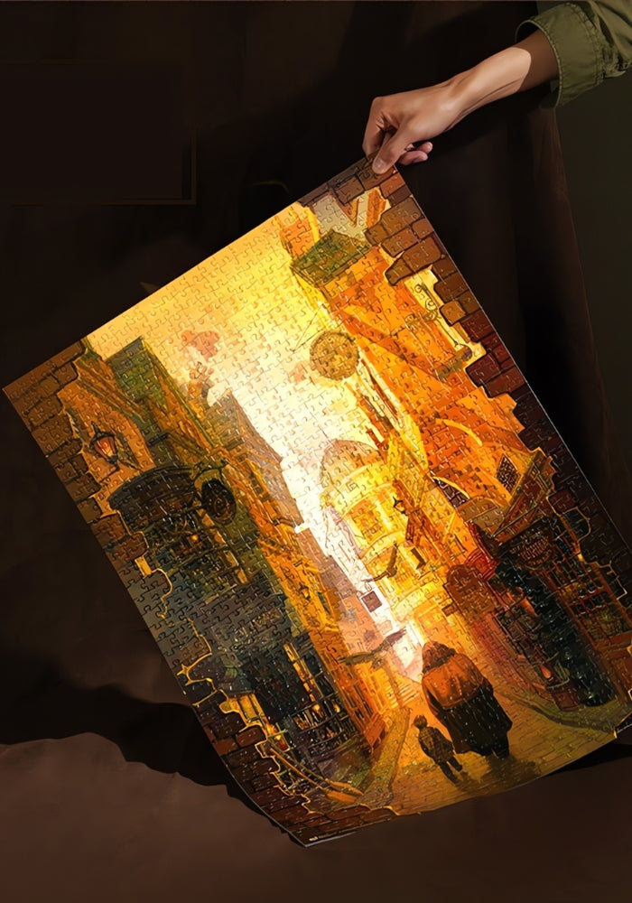 Completed Harry Potter-Diagon Alley puzzle held up.