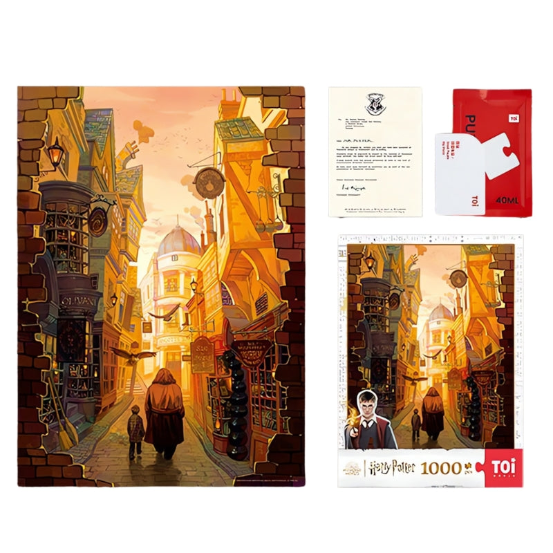 Harry Potter-Diagon Alley puzzle set flat lay with completed puzzle, red TOI box, and glue packet.