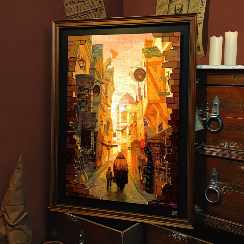 Completed Harry Potter-Diagon Alley puzzle framed and displayed on a wooden table.