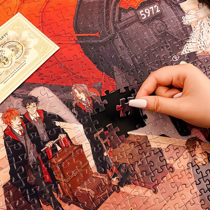 A hand placing a puzzle piece depicting the front of the Hogwarts Express engine and characters, with visible puzzle detail a