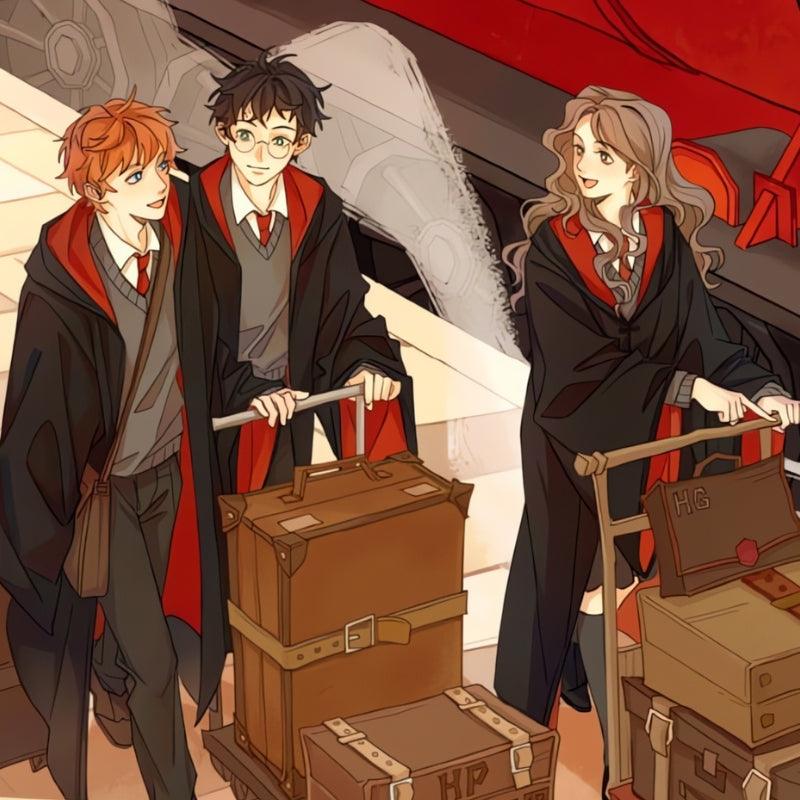 Cartoon-style illustration of Ron, Harry, and Hermione at the platform with their luggage trolleys near the train.
