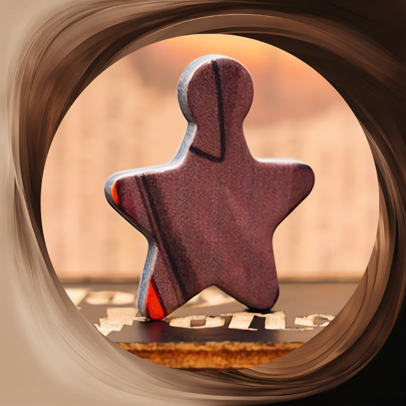 Close-up of a uniquely-shaped puzzle piece resembling a character, painted in dark red and black.