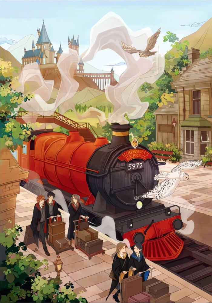 Full artwork image of the Hogwarts Express at the station, steam swirling upward and owls flying near the towers of Hogwarts