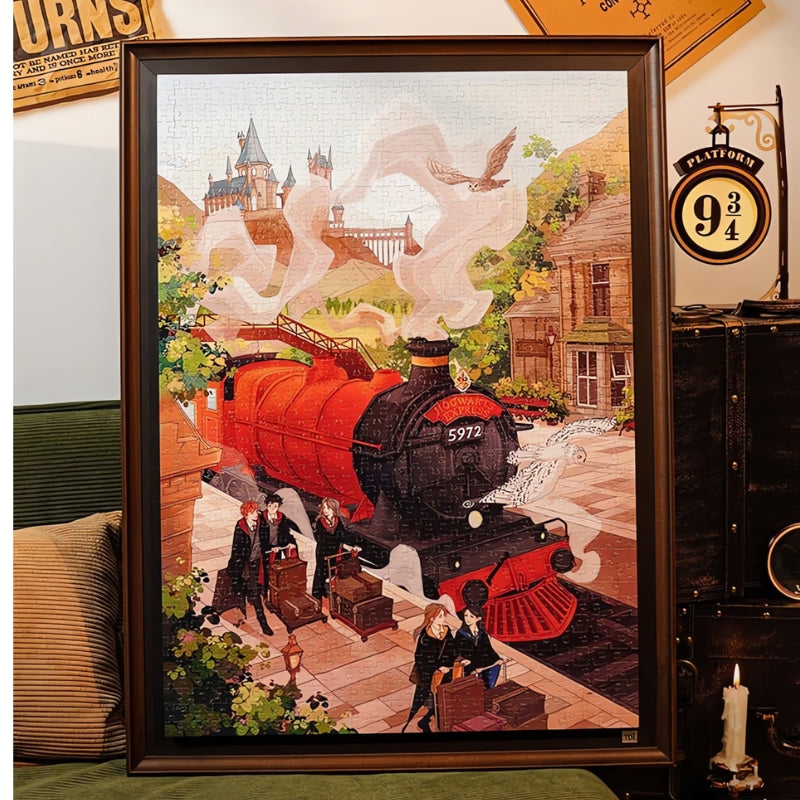 The completed Hogwarts Express puzzle neatly framed and displayed, with themed décor surrounding it.