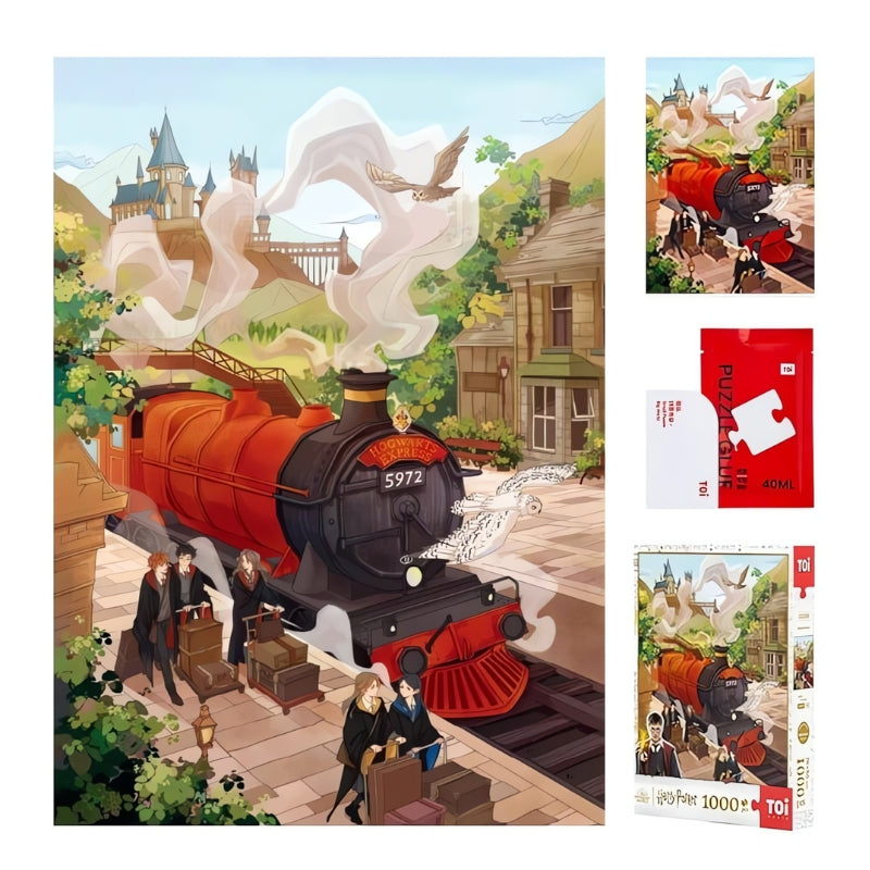 A layout showing the puzzle artwork, box, puzzle glue, scraper, and the completed design.