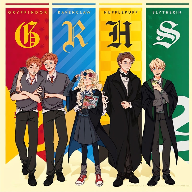 Full illustration of the puzzle with Fred, George, Luna, Cedric and Draco under Hogwarts Four Houses crests.