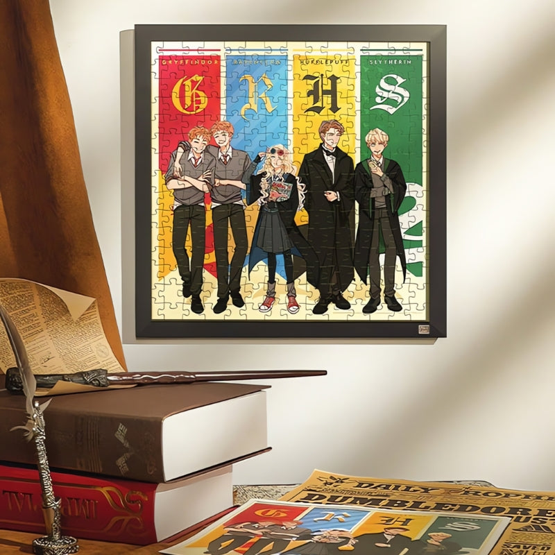Harry Potter - Hogwarts Four Houses puzzle styled as wall art next to books and wand.