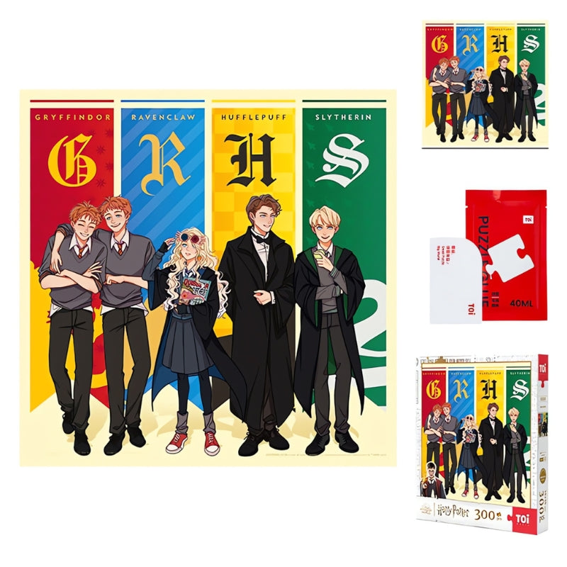 Harry Potter - Hogwarts Four Houses puzzle set flat lay with completed puzzle, red TOI box, and glue packet.