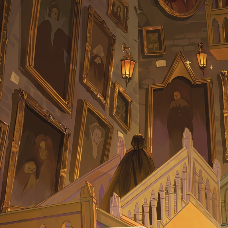 A cloaked figure walks up the grand staircase at Hogwarts, surrounded by enchanted portraits on the walls.