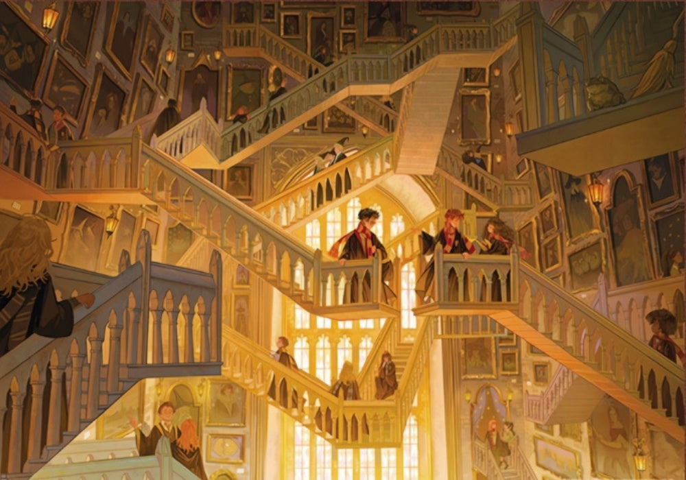 Wide view of the Hogwarts Grand Staircase filled with portraits and moving staircases, featuring Harry, Ron, and Hermione.