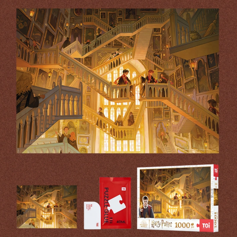 Harry Potter - Hogwarts Grand Staircase puzzle set flat lay with completed puzzle, red TOI box, and glue packet.