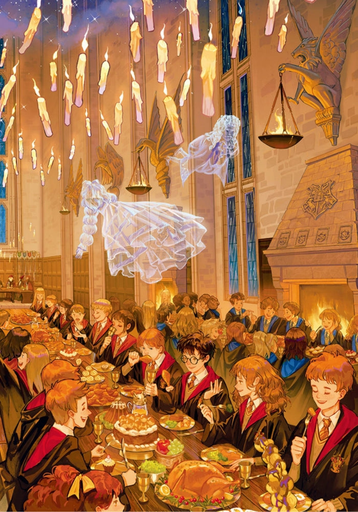 Detailed section of the puzzle artwork showing Harry, Ron, and Hermione seated at the table with other students and ghostly f