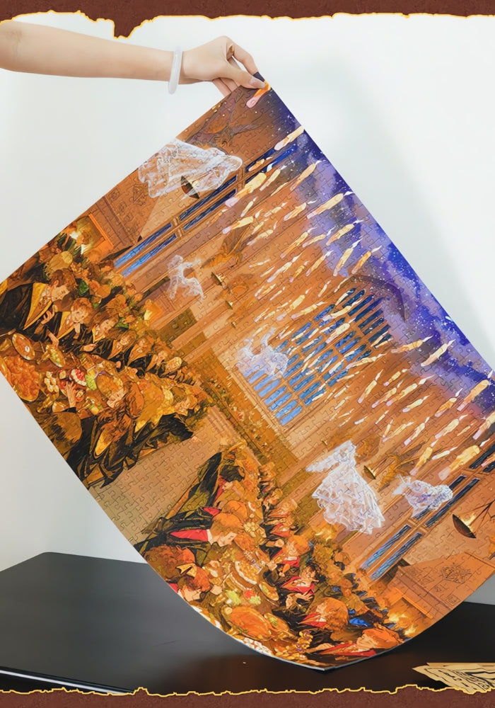 The finished Hogwarts Great Hall puzzle held at an angle, showcasing the vivid colours, lighting, and magical atmosphere.