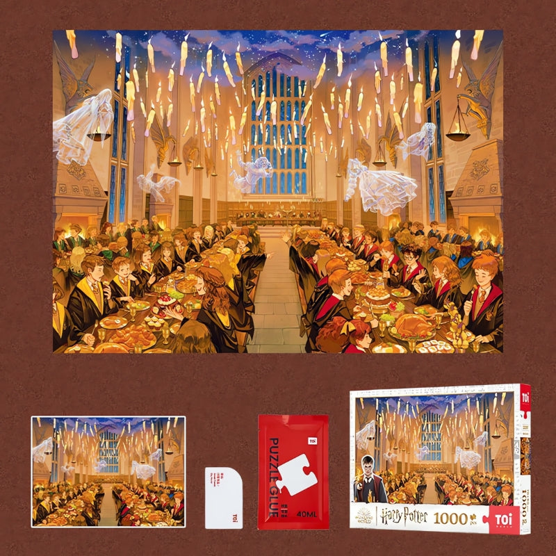 Puzzle artwork, glue set, and box displayed together, showing what comes with the product.