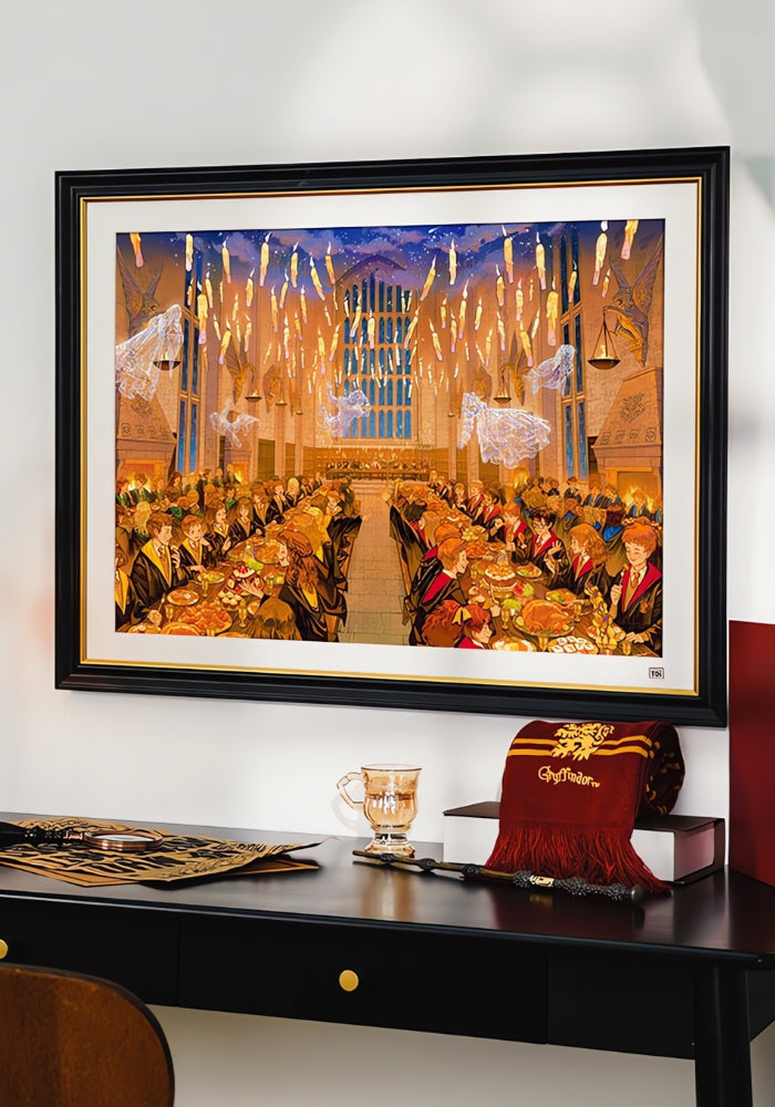 The completed Hogwarts Great Hall puzzle framed on a wall with Harry Potter-themed décor, including a Gryffindor scarf and wand.