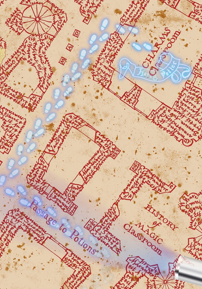 Close-up of puzzle section glowing under UV light, showing magical footprints and classroom names.