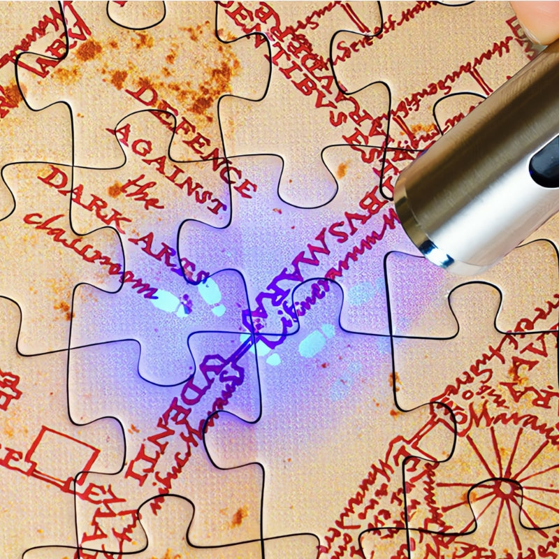 UV light revealing hidden paths and footprints on the Marauder’s Map puzzle near Defence Against the Dark Arts.