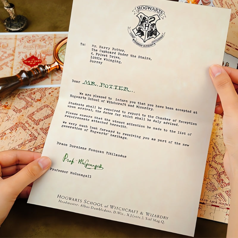 Replica Hogwarts acceptance letter included with the Marauder’s Map puzzle set, addressed to Mr. Potter.