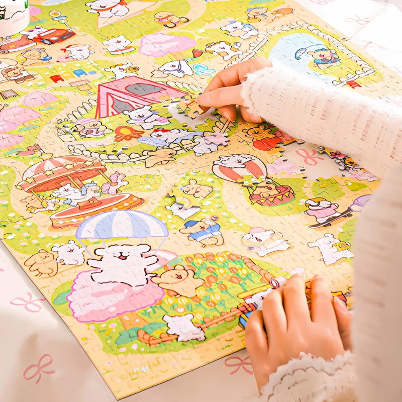 Close-up of a hand placing pieces of the Maltese Puppy puzzle on a light green background full of cute activities.