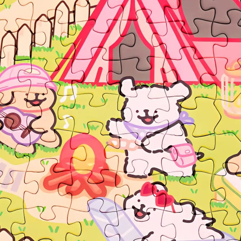 Zoomed-in section of the puzzle showing a white Maltese puppy near a tent and campfire surrounded by other playful dogs.