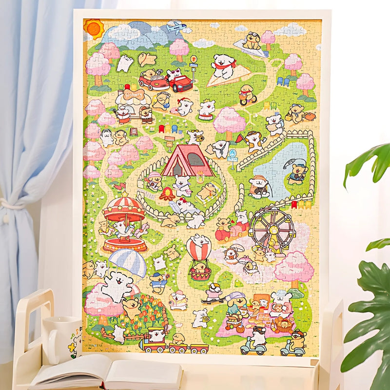 Completed and framed puzzle displayed upright, featuring a vivid scene of Maltese puppies playing in a park.