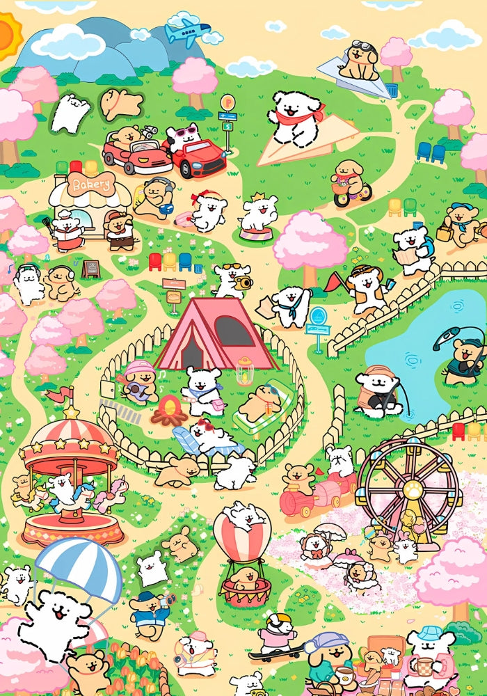Illustration from the puzzle showing puppies enjoying rides, camping, and outdoor fun in a colourful spring park.
