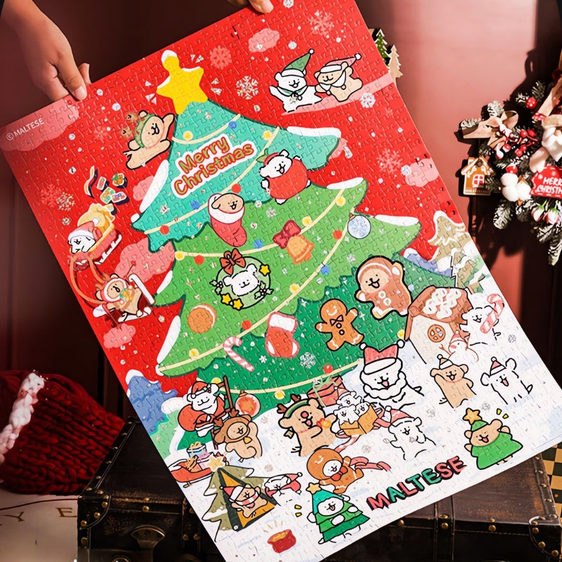 Completed Starlight Christmas Tree puzzle held upright, featuring playful Maltese dogs around a decorated tree