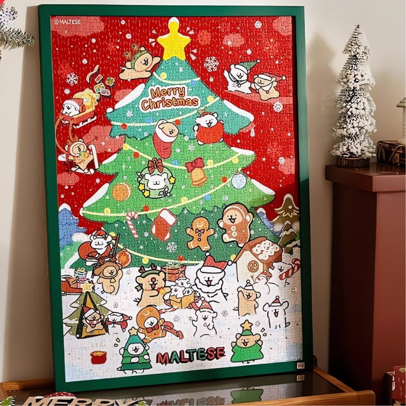 Framed TOI Maltese Puppy Christmas puzzle displayed in festive setting with decorated tree and cartoon dogs