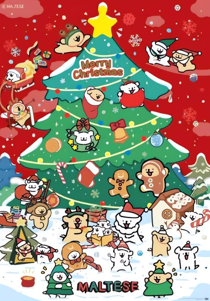 Starlight Christmas Tree puzzle artwork with Maltese puppies, Christmas tree, Santa hats, and gingerbread men
