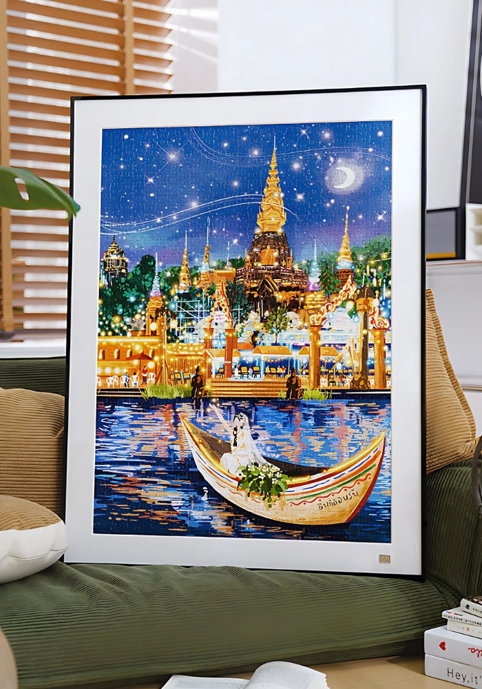 Completed and framed Moonlit Bazaar puzzle displayed in a home setting.