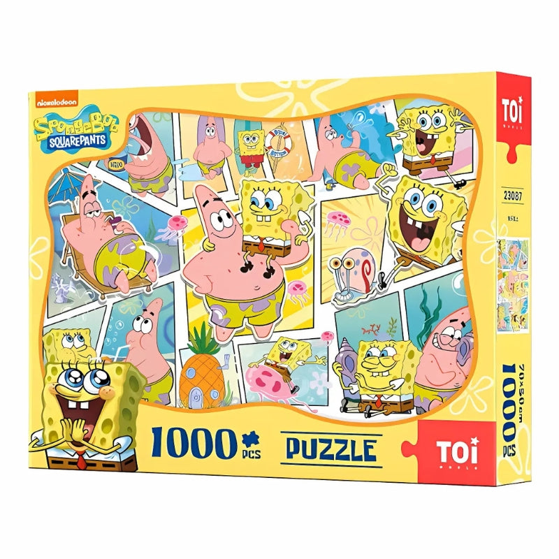 Product box of the 1000-piece SpongeBob puzzle featuring happy scenes with Patrick and SpongeBob.